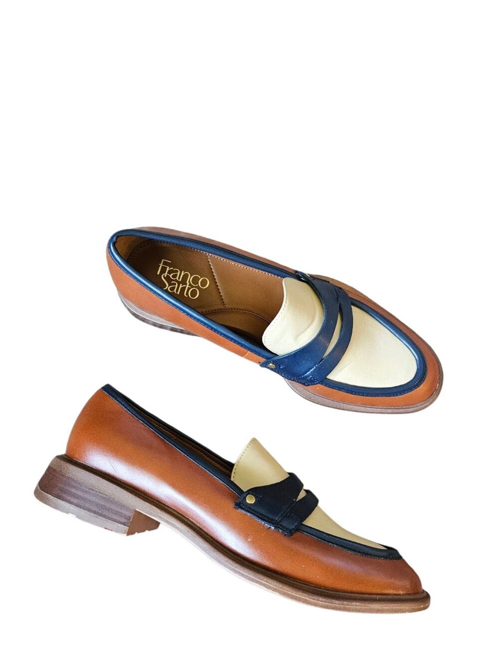 Franco Sarto Faux Leather Tan, Cream & Navy Leather Penny Loafers Shoes